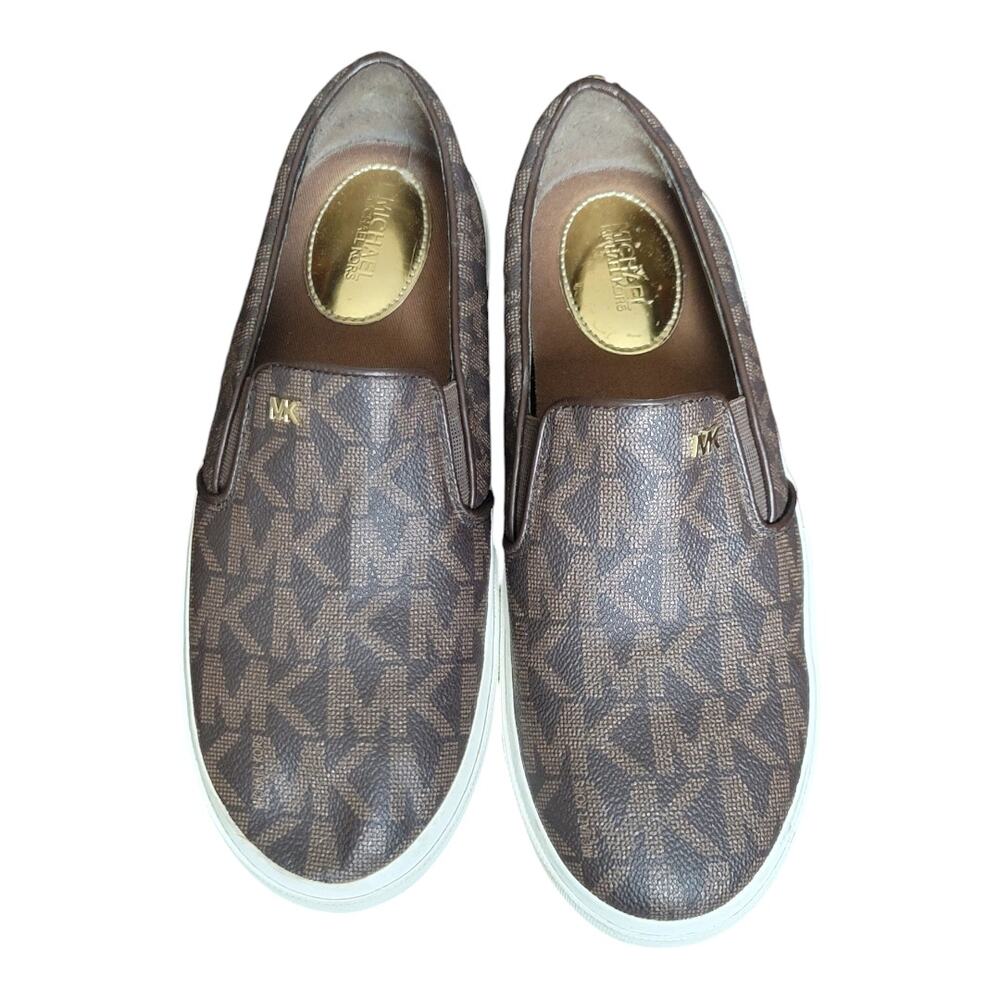 Michael Kors Boerum Double Gore MK Signature‎ PVC Brown Slip On Sneakers US 7.5M